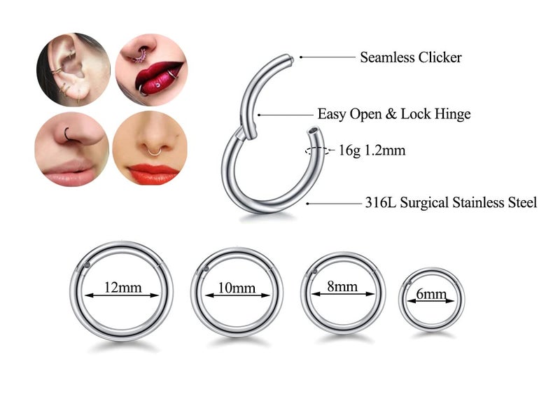 HQLA 16G Hypoallergenic Nose Rings 316L Surgical Steel Piercing Jewelry Hinged Segment Ring Body Piercing Septum Nose Hoop Lip Rings Nose Helix Cartilage Rook Earrings (16G 4Pairs 6/8/10/12mm Steel) - Image 2