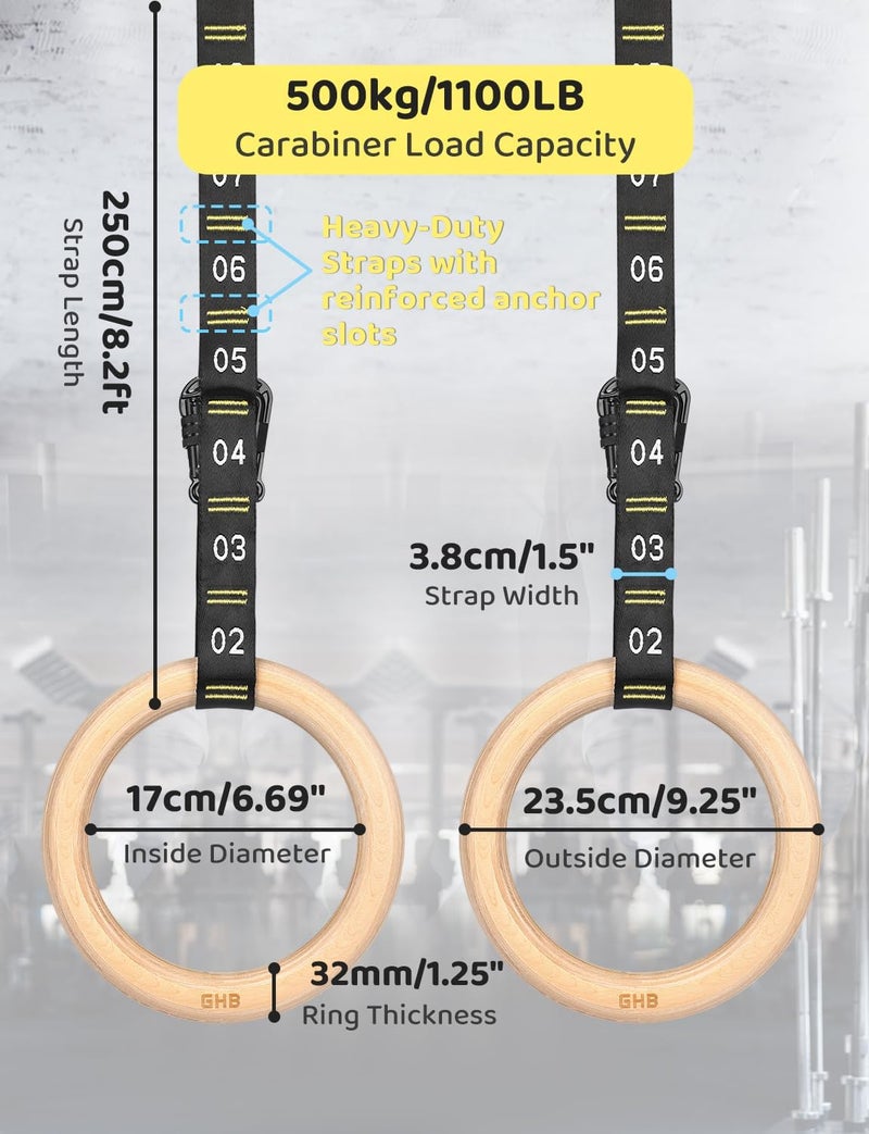 GHB Gymnastic Rings Wooden Gym Rings 1.25" with Adjustable Straps for Bodyweight Training - Image 4