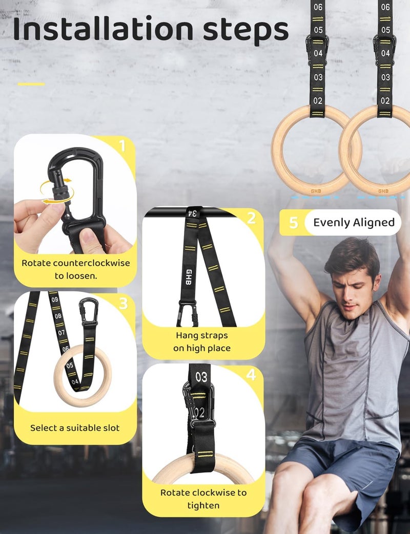 GHB Gymnastic Rings Wooden Gym Rings 1.25" with Adjustable Straps for Bodyweight Training - Image 2