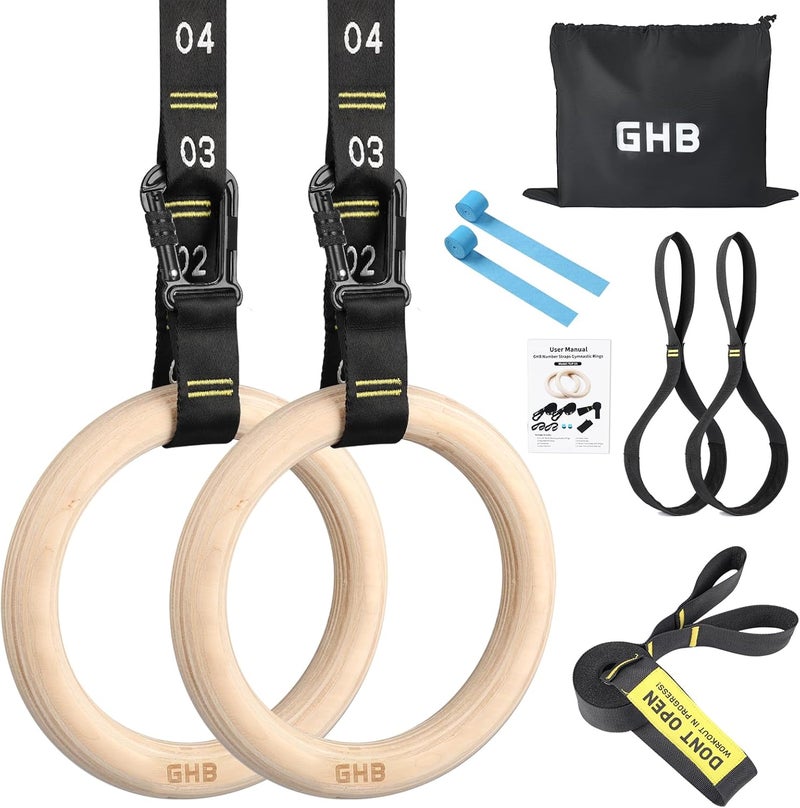 GHB Gymnastic Rings Wooden Gym Rings 1.25" with Adjustable Straps for Bodyweight Training - Image 1