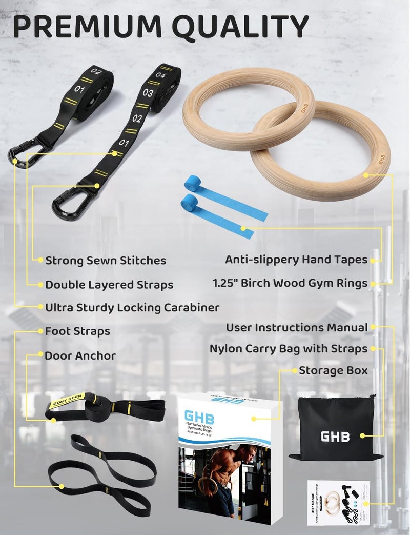 GHB Gymnastic Rings Wooden Gym Rings 1.25" with Adjustable Straps for Bodyweight Training - Image 5