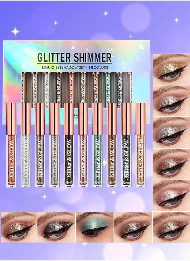 LANGMANNI 10Pcs Glitter Shimmer Liquid Eyeshadow set Glow Liquid Eyeshadow Makeup Metallic Shimmer Glitter Eyeshadow Sweatproof Makeup Set Glitter Pressed All Highly Pigmented Blending Liquid Eyeshadow Set  - Image 1
