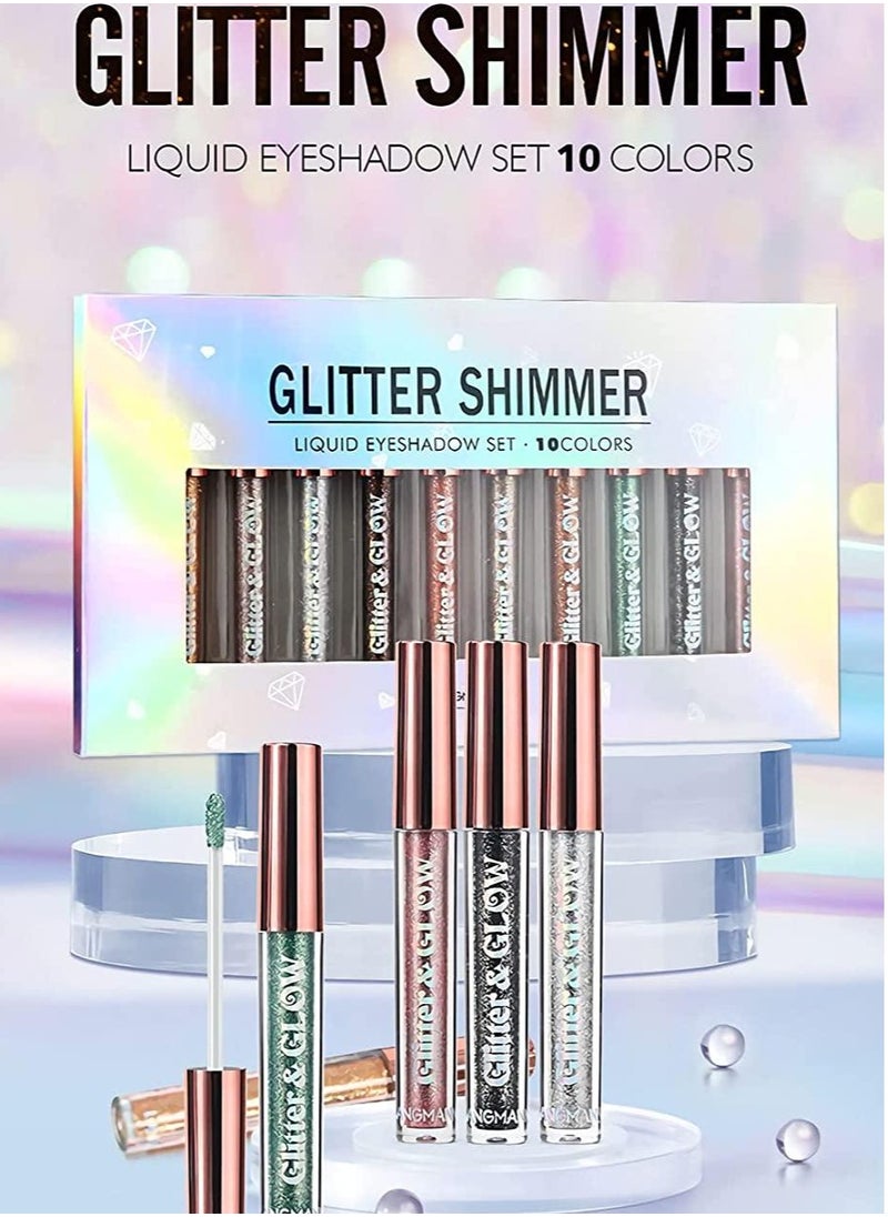 LANGMANNI 10Pcs Glitter Shimmer Liquid Eyeshadow set Glow Liquid Eyeshadow Makeup Metallic Shimmer Glitter Eyeshadow Sweatproof Makeup Set Glitter Pressed All Highly Pigmented Blending Liquid Eyeshadow Set  - Image 4