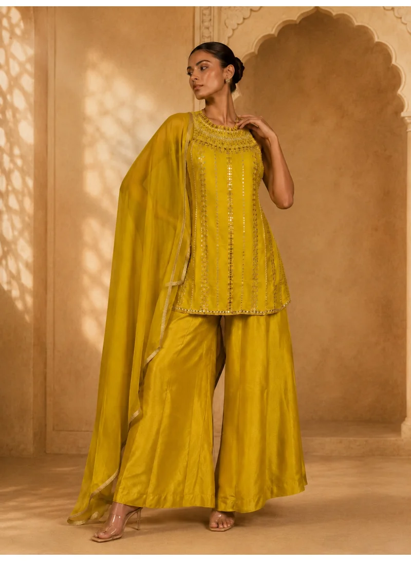 Lehar Women's Mustard Yellow Embellished Kurta with Wide-Leg Palazzo Pants & Dupatta Set