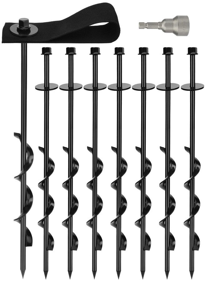 HEYTIMI Set of 8 Trampoline Anchors High Wind Heavy Duty 12" Trampoline Stakes Kit with 8 Straps Ground Anchors Screw in for Trampolines Canopies Tent Securing Animals Outdoor Ground Anchor Stakes (Black) - Image 1