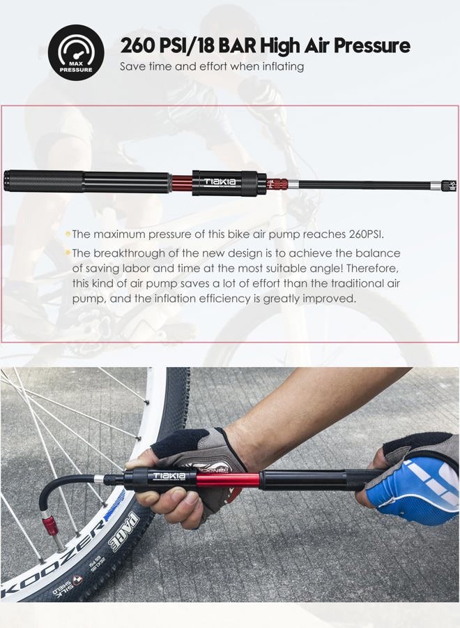 Tiakia Mini Bike Pump High Pressure Pump Light 260PSI - Frame Pump fit Presta, Schrader & Woods Valves, Aluminum Alloy Durable Tire Bicycle Pump for Road/Mountain/BMX Bikes, Include Needle for Balls - Image 4