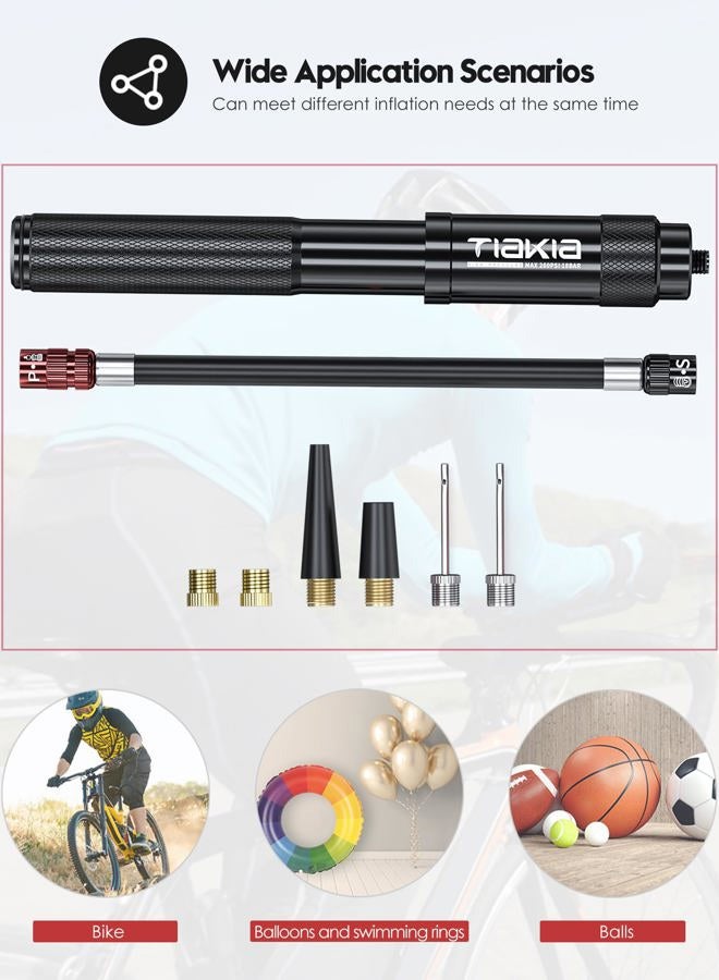 Tiakia Mini Bike Pump High Pressure Pump Light 260PSI - Frame Pump fit Presta, Schrader & Woods Valves, Aluminum Alloy Durable Tire Bicycle Pump for Road/Mountain/BMX Bikes, Include Needle for Balls - Image 2