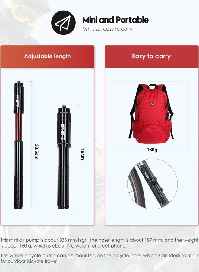 Tiakia Mini Bike Pump High Pressure Pump Light 260PSI - Frame Pump fit Presta, Schrader & Woods Valves, Aluminum Alloy Durable Tire Bicycle Pump for Road/Mountain/BMX Bikes, Include Needle for Balls - Image 3