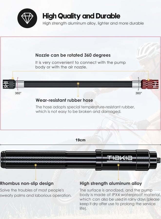Tiakia Mini Bike Pump High Pressure Pump Light 260PSI - Frame Pump fit Presta, Schrader & Woods Valves, Aluminum Alloy Durable Tire Bicycle Pump for Road/Mountain/BMX Bikes, Include Needle for Balls - Image 5