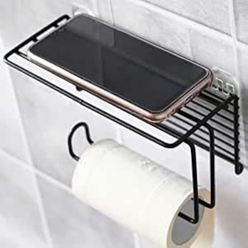Metal Bathroom Tissue Holder with Soap Stand | Wall Mounted Towel Rack with Mobile Phone Storage Shelf | Bathroom Towel Storage Rack Hanger Organizer (Black Tissue Holder) - Image 1