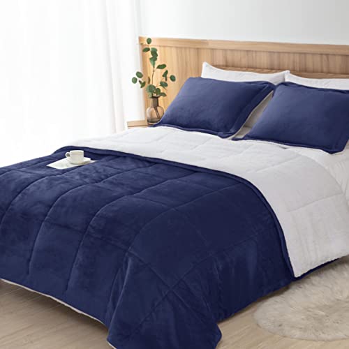 Seward Park Navy Blue Sherpa Comforter Set Full Queen Size, All Season Soft Warm Fleece Spring Blanket, Winter Bedding Sets with 2 Pillow Shams - Image 1