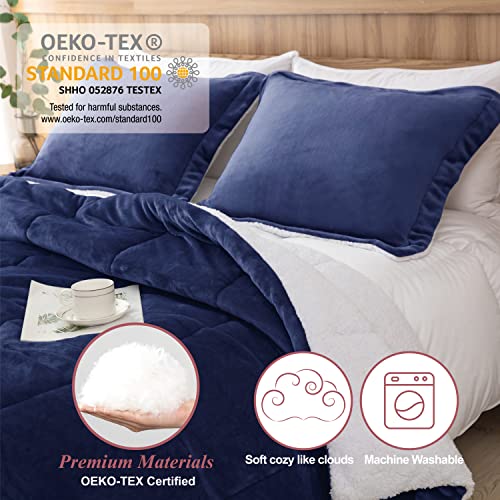 Seward Park Navy Blue Sherpa Comforter Set Full Queen Size, All Season Soft Warm Fleece Spring Blanket, Winter Bedding Sets with 2 Pillow Shams - Image 3