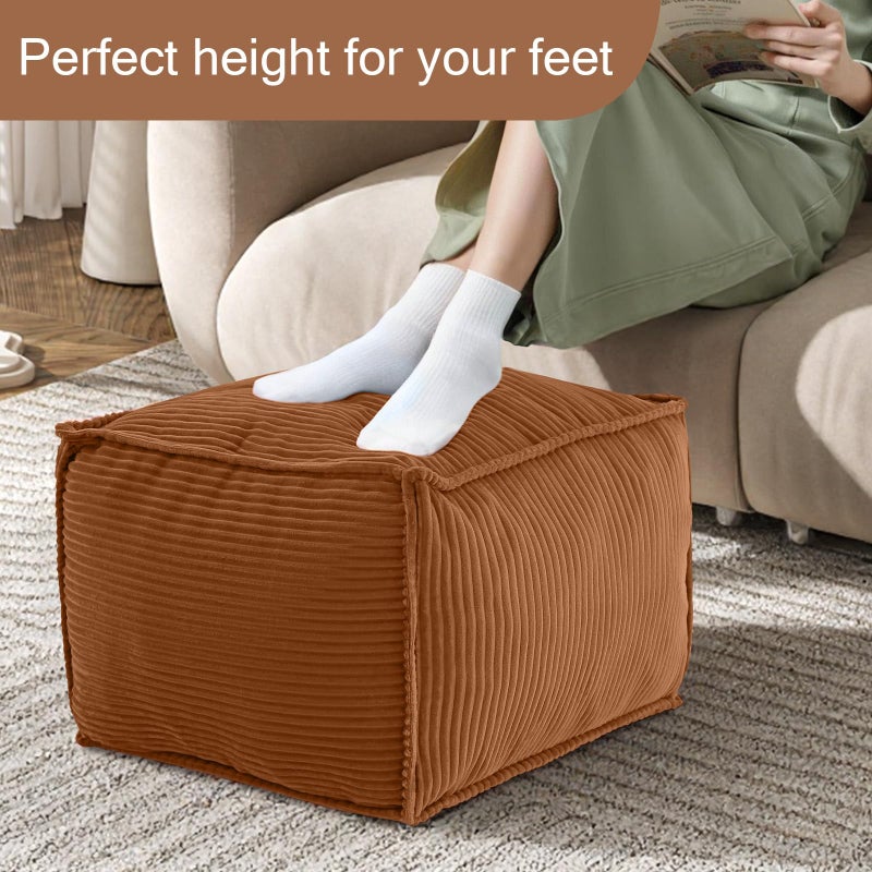 MeMoreCool Stuffed Pouf Ottoman Foot Rest Square, Corduroy Floor Pouf Foot Stool with Foam Chunk Filling, Soft Stuffed Ottoman Footrest for Living Room, Coffee - Image 4
