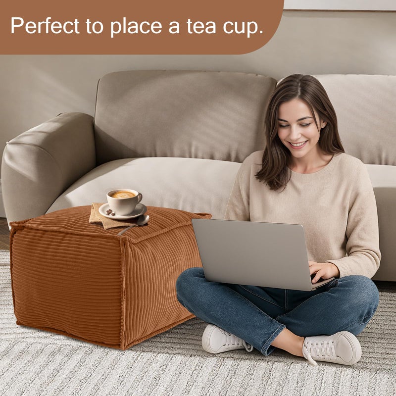 MeMoreCool Stuffed Pouf Ottoman Foot Rest Square, Corduroy Floor Pouf Foot Stool with Foam Chunk Filling, Soft Stuffed Ottoman Footrest for Living Room, Coffee - Image 5