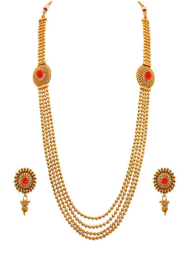 JFL - Traditional Ethnic One Gram Gold Plated Stone & Bead Designer Long Necklace Set with Stud Earring for Women and Girls,Valentine - Image 1