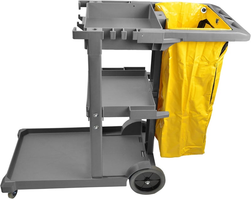 Janico 1050 Janitor Cart Commercial Housekeeping Utility Cart with 3 Shelfs, 25 Gallon Zippered Yellow Vinyl Bag, Grey, Pack of 1 - Image 1