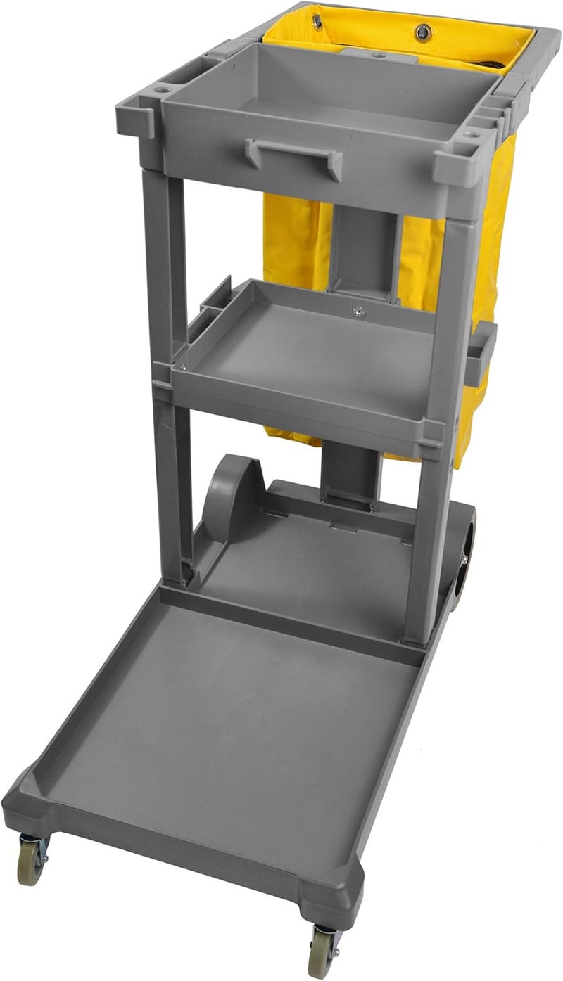 Janico 1050 Janitor Cart Commercial Housekeeping Utility Cart with 3 Shelfs, 25 Gallon Zippered Yellow Vinyl Bag, Grey, Pack of 1 - Image 2