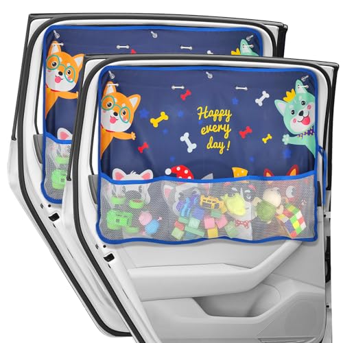 DIZA100 2 Pack Car Window Shade for Baby Blackout Car Sun Shades with Storage Pockets 7 Suction Cups Blue Cute Patterns for SunHeatUV Rays Protection Standard Passenger Cars - Image 1
