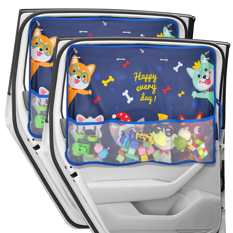 DIZA100 2 Pack Car Window Shade for Baby Blackout Car Sun Shades with Storage Pockets 7 Suction Cups Blue Cute Patterns for SunHeatUV Rays Protection Standard Passenger Cars - Image 3