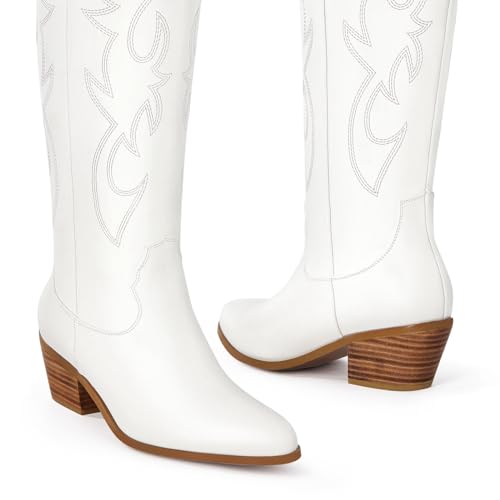 Ouepiano White Cowgirl Boots Women Cowboy Knee High Tall Boots Chunky Heel Pointed Toe Pull-On Western Wide Calf Boats Country Fashion (White, Size 9) - Image 2