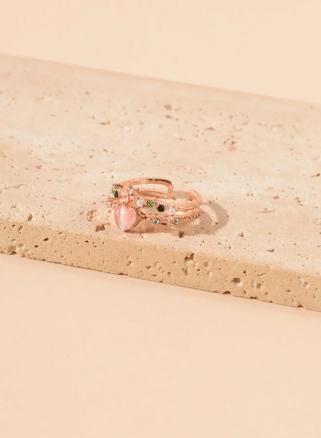 Take Two Gold Tone Rhinestone and Pearls Embellished Heart Ring
