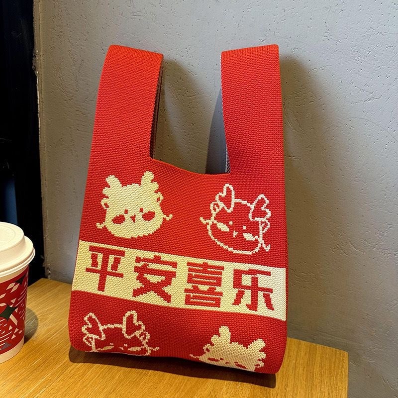 Spring High-Quality Little Red Book Style Woven Polyester Polka Dot Tote Bag Gift Bag Hand-Knitted Year Of The Dragon - Image 3