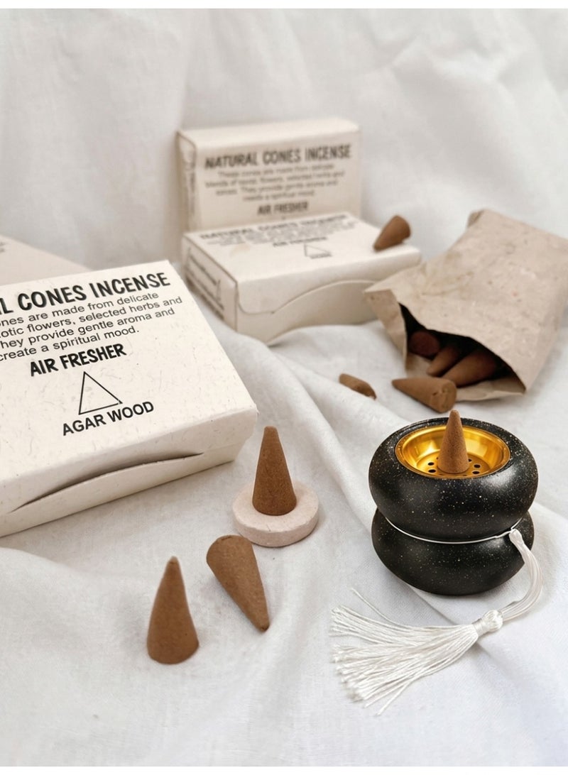 Aromancy Agarwood Incense Cones with Ceramic Holder Set 1 Box Natural Oud Incense Cones + 1 Ceramic Holder Set Long Lasting Agar Wood Aroma for Meditation Prayer Yoga Home Fragrance & Relaxation - Image 1