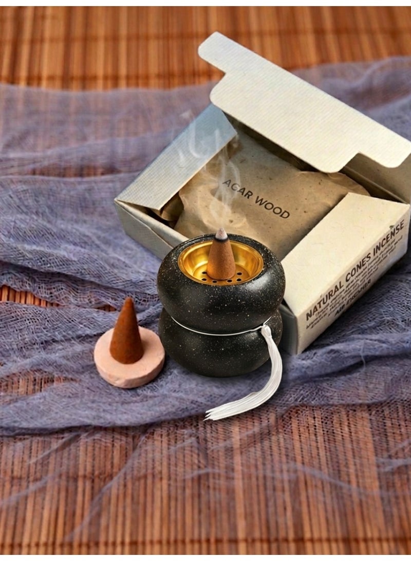 Aromancy Agarwood Incense Cones with Ceramic Holder Set 1 Box Natural Oud Incense Cones + 1 Ceramic Holder Set Long Lasting Agar Wood Aroma for Meditation Prayer Yoga Home Fragrance & Relaxation - Image 4