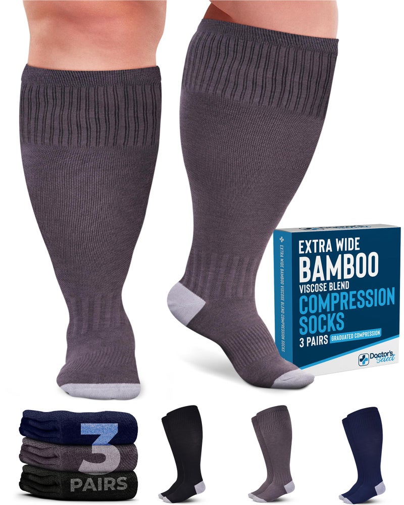 Doctor's Select 3 Pairs Plus Size Compression Socks Wide Calf | Bamboo Viscose Knee High Socks for Circulation Support | Black, Gray, Navy - Image 1