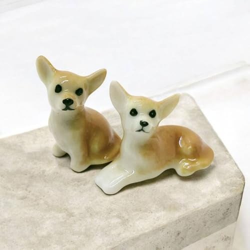 ChangThai Design Tiny ¾ Inch Couple Brown Sitting Lying Chihuahua Dog Figurines - Miniature Hand Made Painted Ceramic Dogs Puppy Canine Animals Cute Porcelain Decorative Collectible Figure Décor Gifts - Image 2