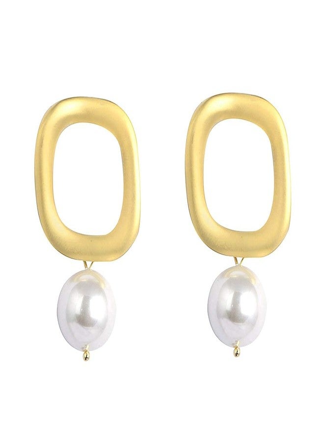STRIPES® essentials Beautiful Golden Colour With White Pearl Square Shape Matt Finish Plated with Hanging Pearl Earrings For Women/Girls - Image 1