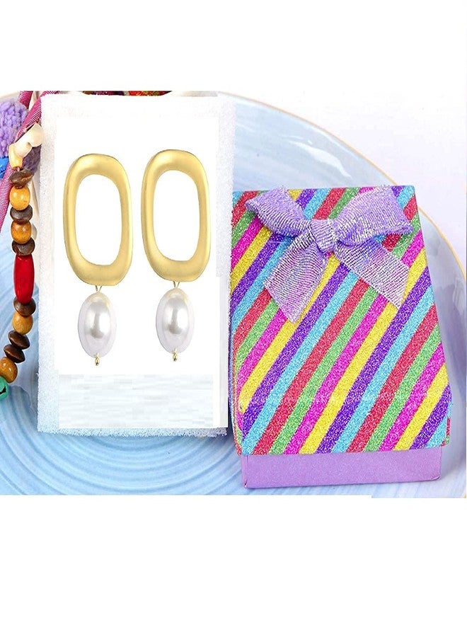 STRIPES® essentials Beautiful Golden Colour With White Pearl Square Shape Matt Finish Plated with Hanging Pearl Earrings For Women/Girls - Image 2