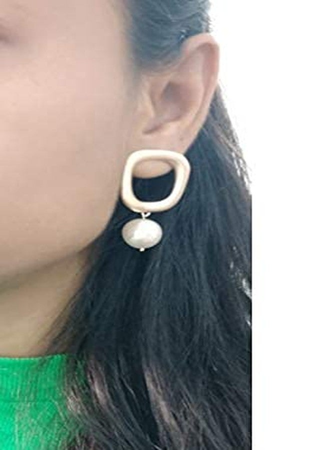 STRIPES® essentials Beautiful Golden Colour With White Pearl Square Shape Matt Finish Plated with Hanging Pearl Earrings For Women/Girls - Image 5
