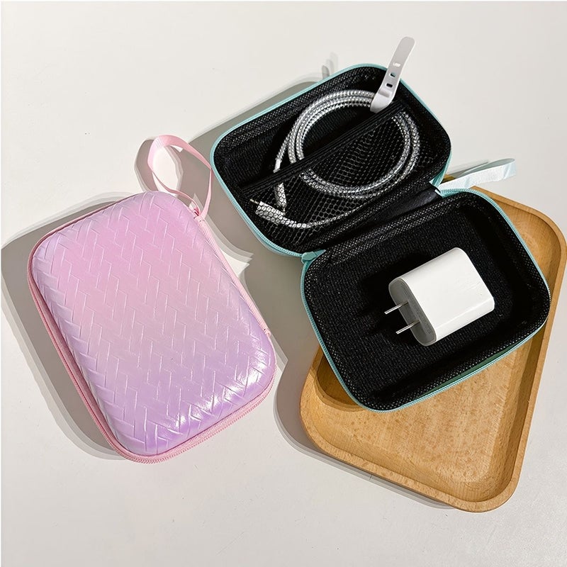 EVA Iridescent Woven Large Storage Pouch Square Hard Shell Zipper Case For Earphone Data Cable Charger Organizer Portable Travel Drop Resistant Green - Image 2