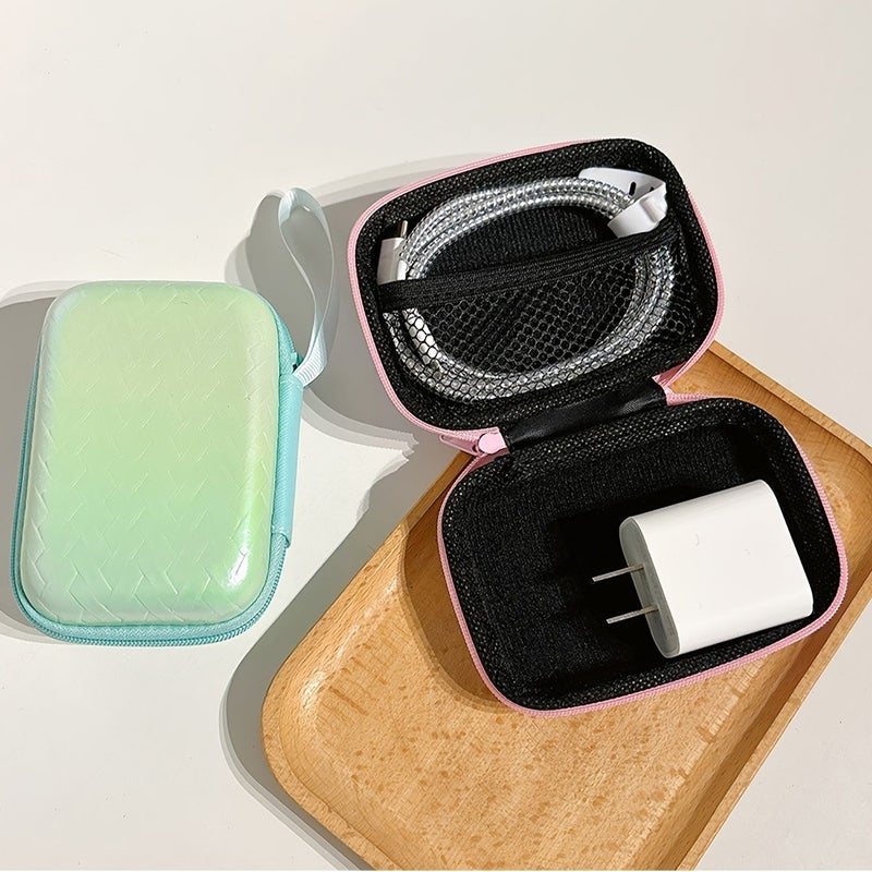 EVA Iridescent Woven Large Storage Pouch Square Hard Shell Zipper Case For Earphone Data Cable Charger Organizer Portable Travel Drop Resistant Green - Image 5
