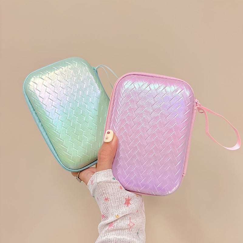 EVA Iridescent Woven Large Storage Pouch Square Hard Shell Zipper Case For Earphone Data Cable Charger Organizer Portable Travel Drop Resistant Green - Image 3
