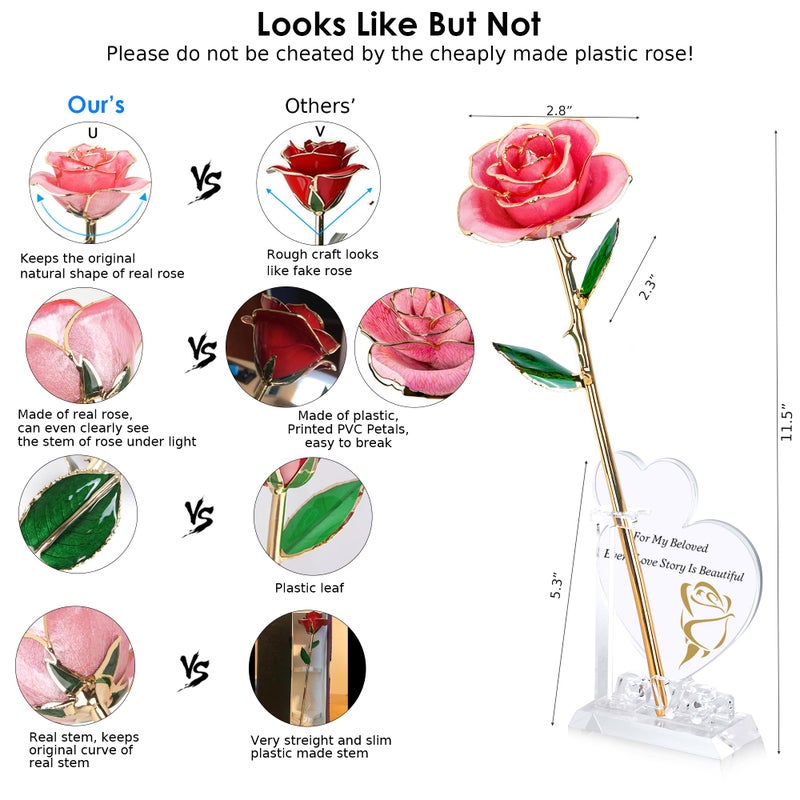 Sinvitron Gold Dipped Rose 24K Real Rose  Long Stem Gold Plated Rose with Stand  Romantic Gift for Her Birthday Gifts for Her  24K Golden Rose for Anniversary Valentines Day Mothers Day (Sweet Pink) - Image 2