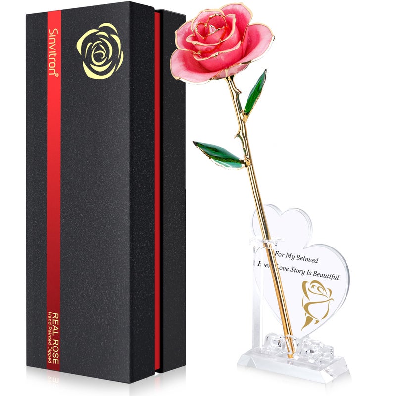 Sinvitron Gold Dipped Rose 24K Real Rose  Long Stem Gold Plated Rose with Stand  Romantic Gift for Her Birthday Gifts for Her  24K Golden Rose for Anniversary Valentines Day Mothers Day (Sweet Pink) - Image 1