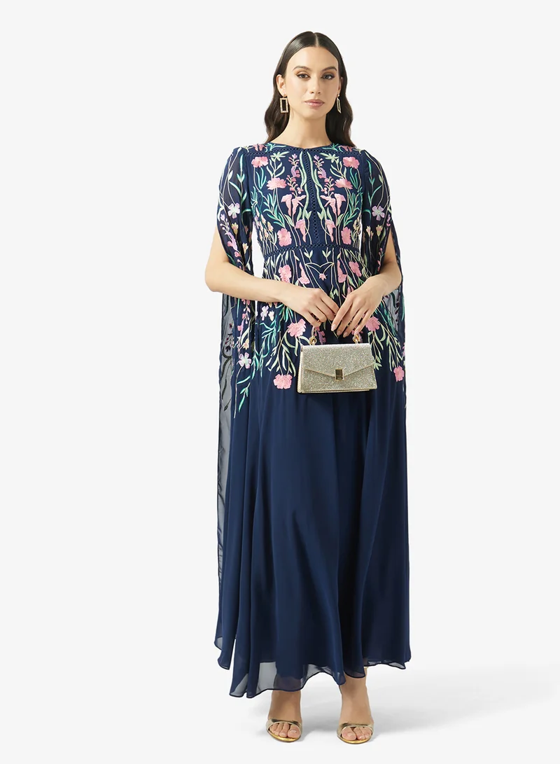 Frock And Frill  Embroidered Crew Neck Cape Sleeve Maxi Dress for Women | Best Price UAE