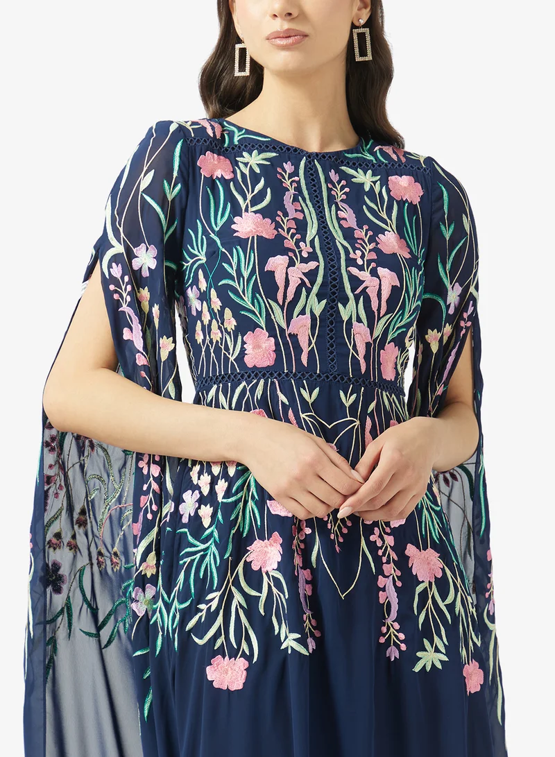 Frock And Frill  Embroidered Crew Neck Cape Sleeve Maxi Dress for Women | Best Price UAE