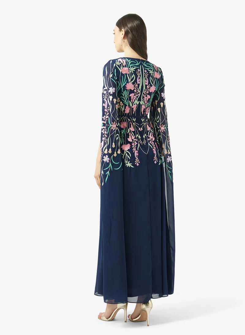 Frock and Frill Embroidered Crew Neck Cape Sleeve Maxi Dress