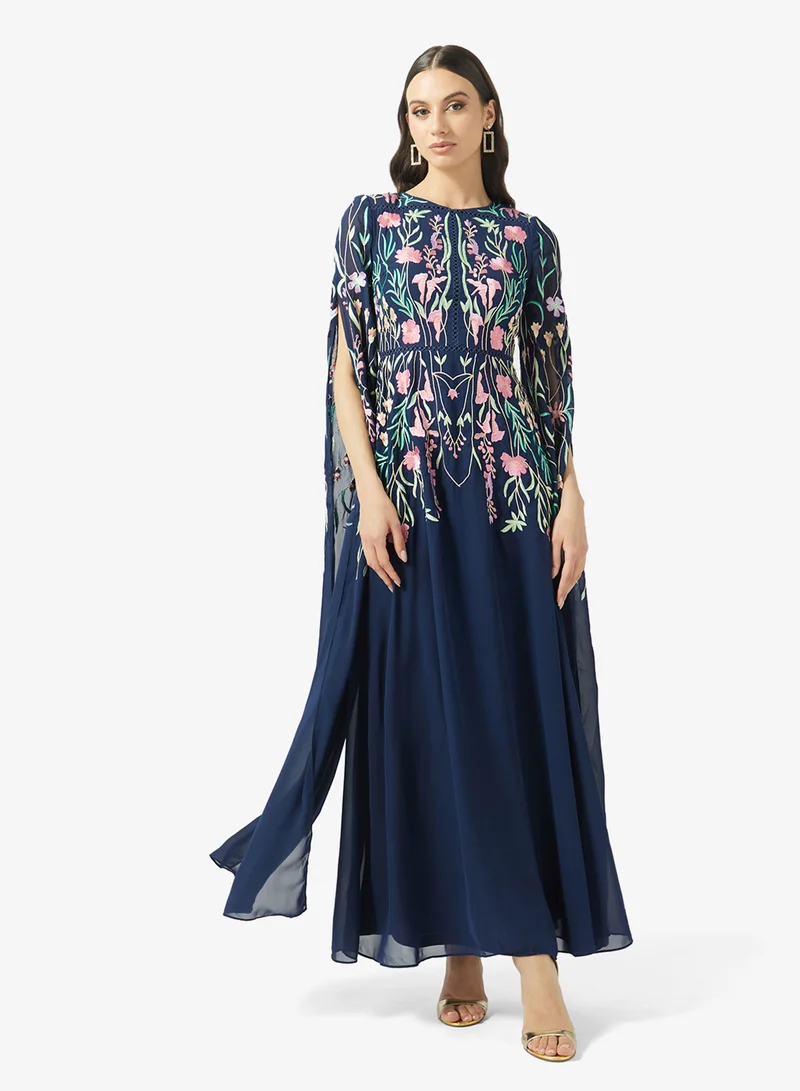 Frock and Frill Embroidered Crew Neck Cape Sleeve Maxi Dress