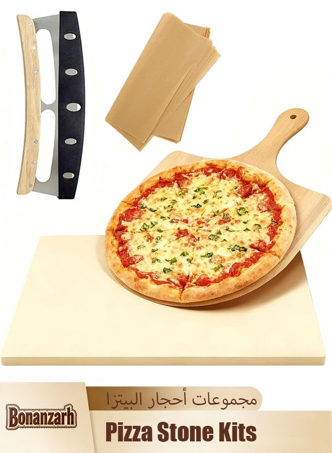 Bonanzarh Pizza Stone Kits 4PCS 12"x15", Rectangle Pizza Stone for Grill & Oven with Stainless Steel Pizza Cutter & 10pcs Cooking Paper and Peel Paddle-Durable and Pizza Oven Accessories - Image 1