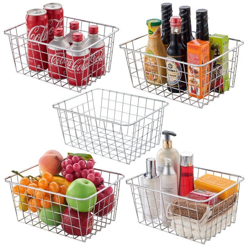JUNCHU CHERRY Wire Kitchen Storage Basket 5 PacksPerfect Pantry Organization Accessories BasketsLaundry BasketCountertop OrganizationSuitable for KitchenbathroombedroomTabletopStackableChrome