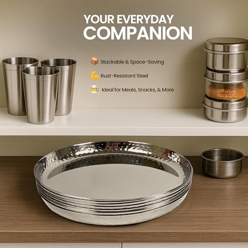 Only Rajesh Premium Stainless Steel Dinner Plates Set of 6 - Hammered Finish, Steel Thali for Lunch, Dinner Plate, Tiffin Plates, Dishwasher Safe - Image 5