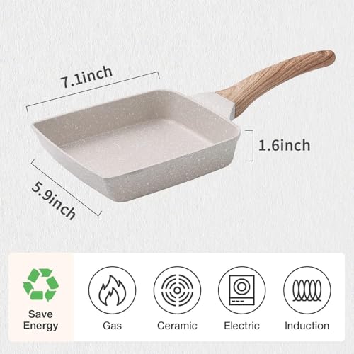 VDNSI Breakfast Pan Non Stick Egg Fry Pan Rectangular | Sandwich Frying Pans | Mini Frying Pan | Induction & Gas Compatible | Easy Clean | Wooden Grip Handle | Tamagoyaki Japanese Omelette Pan - Image 2