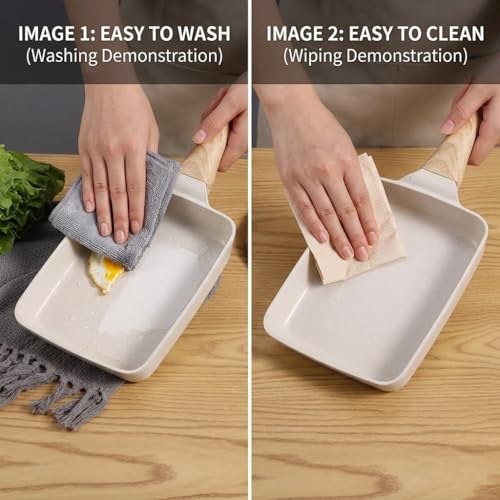 VDNSI Breakfast Pan Non Stick Egg Fry Pan Rectangular | Sandwich Frying Pans | Mini Frying Pan | Induction & Gas Compatible | Easy Clean | Wooden Grip Handle | Tamagoyaki Japanese Omelette Pan - Image 3