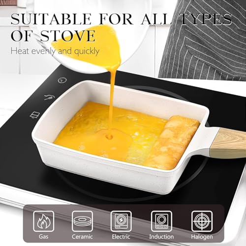 VDNSI Breakfast Pan Non Stick Egg Fry Pan Rectangular | Sandwich Frying Pans | Mini Frying Pan | Induction & Gas Compatible | Easy Clean | Wooden Grip Handle | Tamagoyaki Japanese Omelette Pan - Image 5