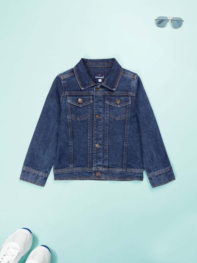 KiddoPanti Boys Denim Standard Length Jacket | Cotton Poly Blend with Lycra | Washed Denim, Full Sleeve | Button Closure & Front Flap Pockets | Collared Neck, Dk Rag Wash - 2-3Y - Image 3