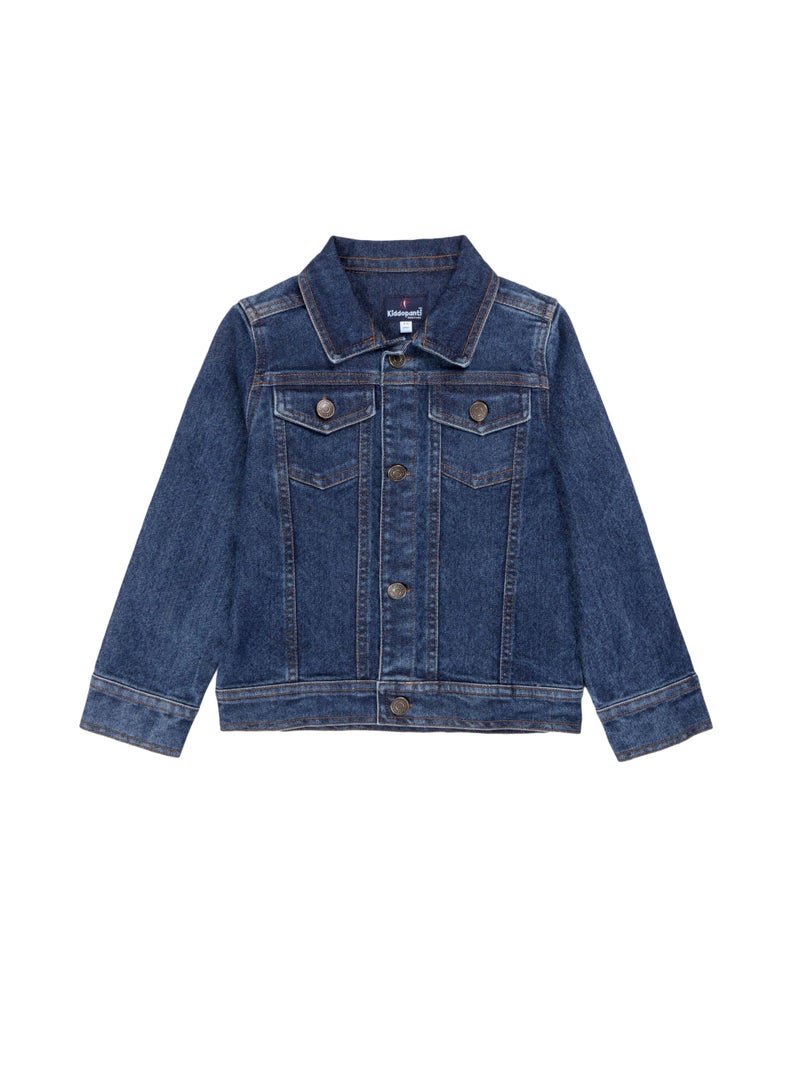 KiddoPanti Boys Denim Standard Length Jacket | Cotton Poly Blend with Lycra | Washed Denim, Full Sleeve | Button Closure & Front Flap Pockets | Collared Neck, Dk Rag Wash - 2-3Y - Image 1
